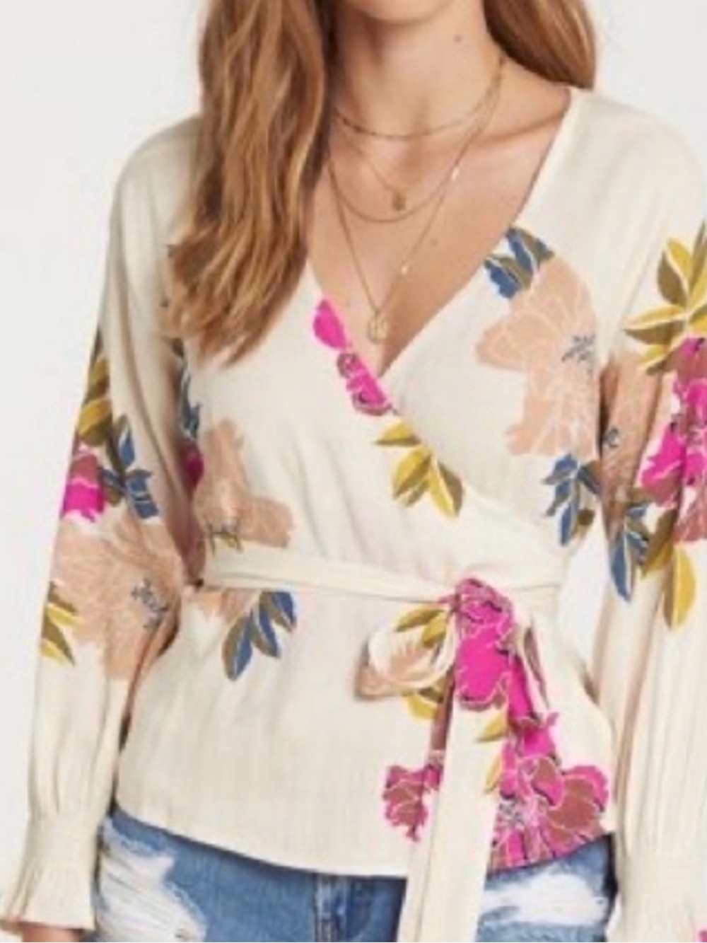 Billabong Cream Floral Wrap Blouse with Pink & Olive Details